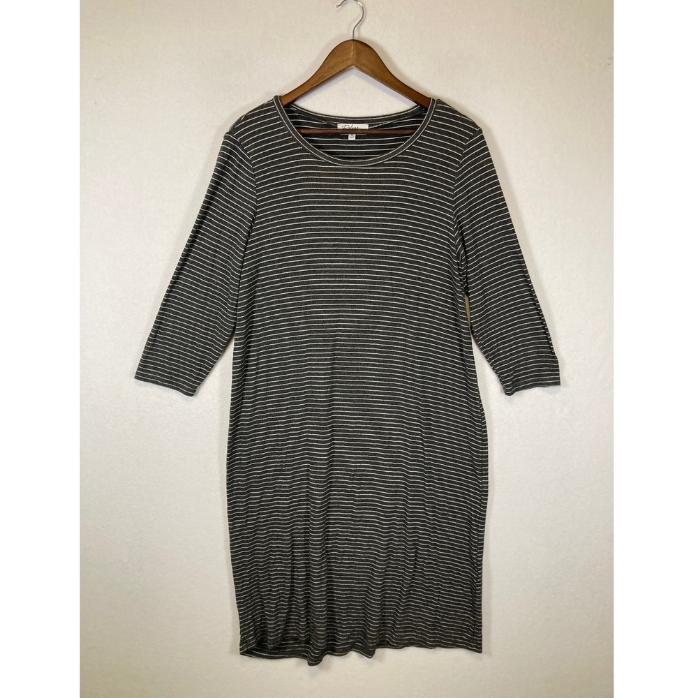 Minimalist Polagram Women Medium Gray White Striped Ribbed 3/4 Slv Dress PSD3252